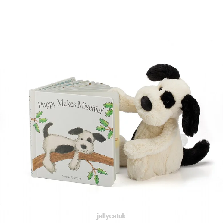 Jellycat Book V248Z747 Puppy Makes Mischief Book and Bashful Puppy Black and White