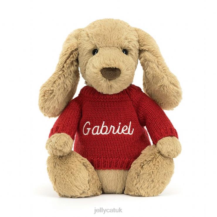 Jellycat Toy V248Z158 Bashful Toffee Puppy with Personalised Red Jumper Beige