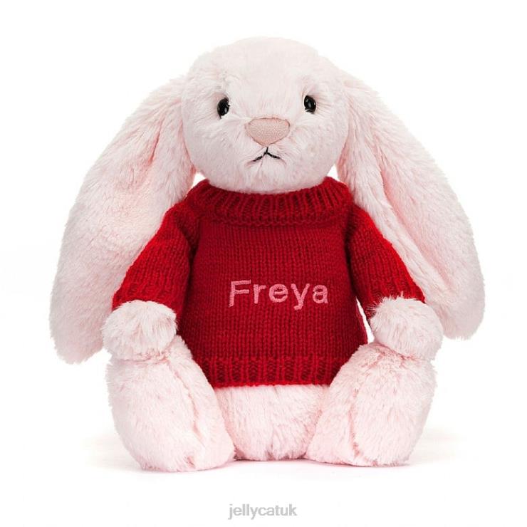 Jellycat Toy V248Z172 Bashful Pink Bunny with Personalised Red Jumper Baby Pink