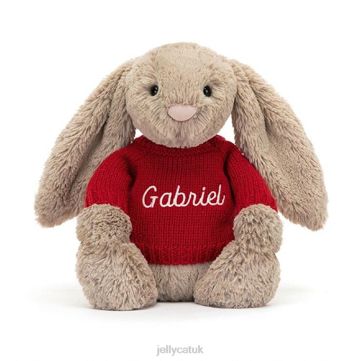 Jellycat Toy V248Z178 Bashful Bunny with Personalised Red Jumper Beige