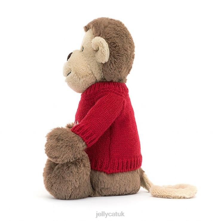 Jellycat Toy V248Z189 Bashful Monkey with Personalised Red Jumper Brown