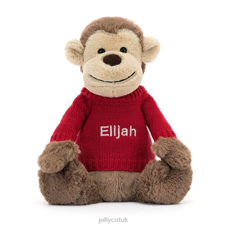 Jellycat Toy V248Z189 Bashful Monkey with Personalised Red Jumper Brown