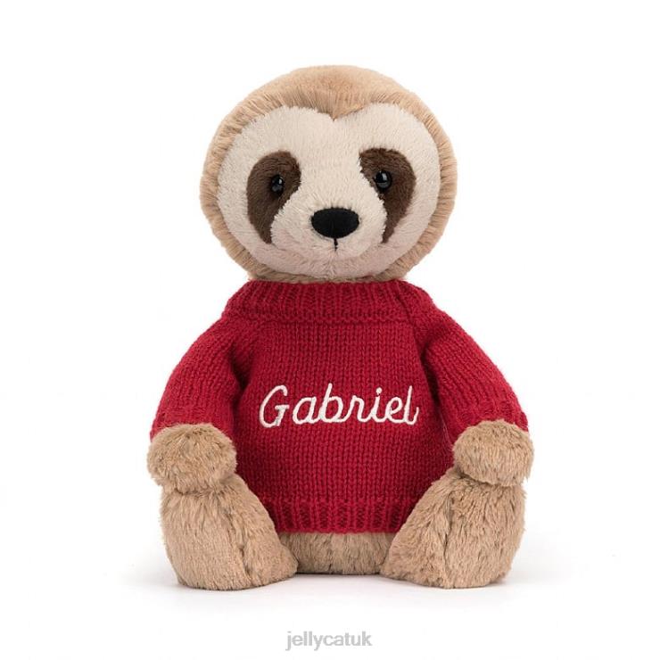 Jellycat Toy V248Z205 Bashful Sloth with Personalised Red Jumper Tan