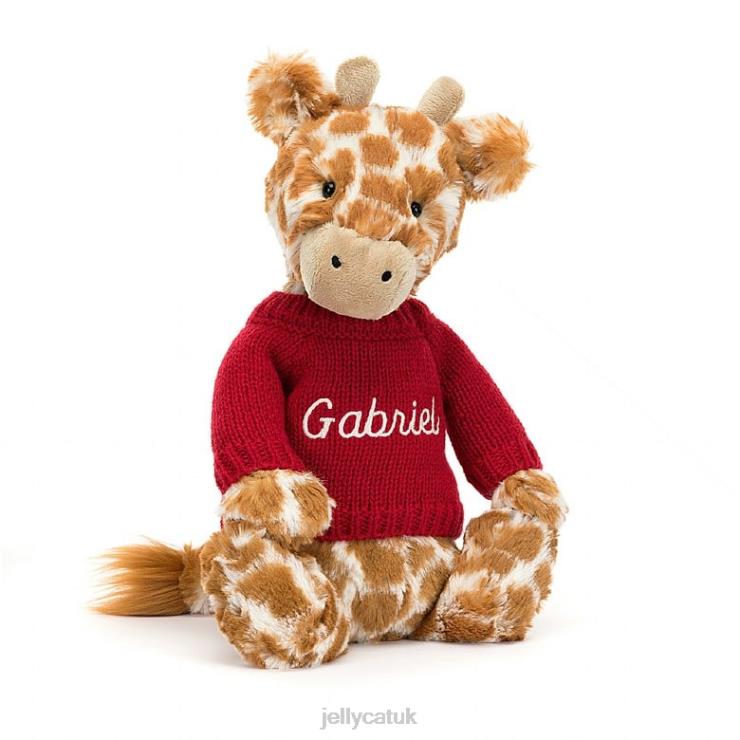 Jellycat Toy V248Z224 Bashful Giraffe with Personalised Red Jumper Orange