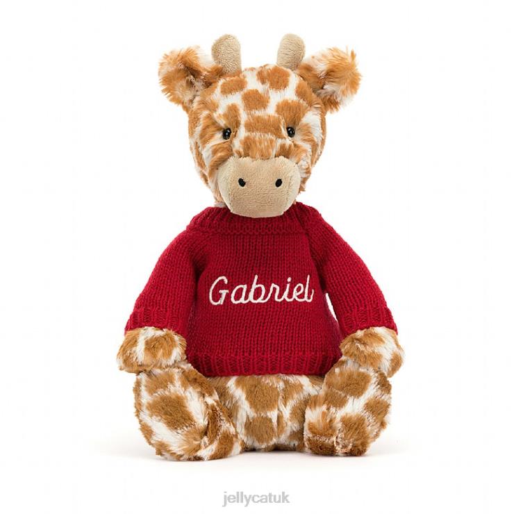 Jellycat Toy V248Z224 Bashful Giraffe with Personalised Red Jumper Orange