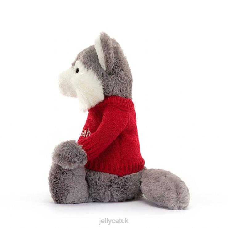 Jellycat Toy V248Z241 Bashful Wolf with Personalised Red Jumper Grey and White