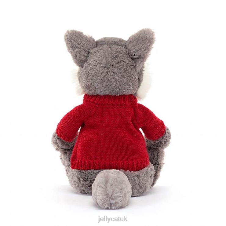 Jellycat Toy V248Z241 Bashful Wolf with Personalised Red Jumper Grey and White