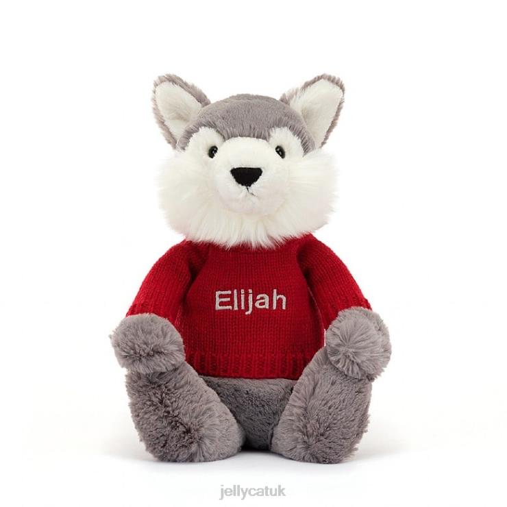 Jellycat Toy V248Z241 Bashful Wolf with Personalised Red Jumper Grey and White