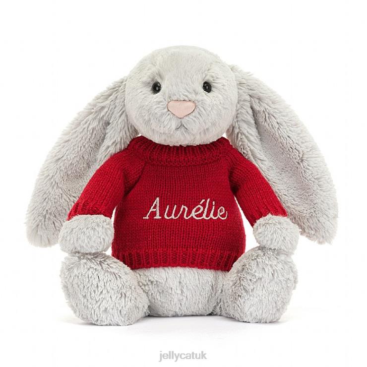 Jellycat Toy V248Z245 Bashful Bunny with Personalised Red Jumper Silver