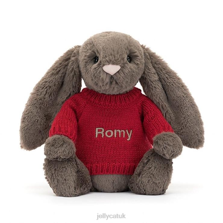 Jellycat Toy V248Z270 Bashful Truffle Bunny with Personalised Red Jumper Brown