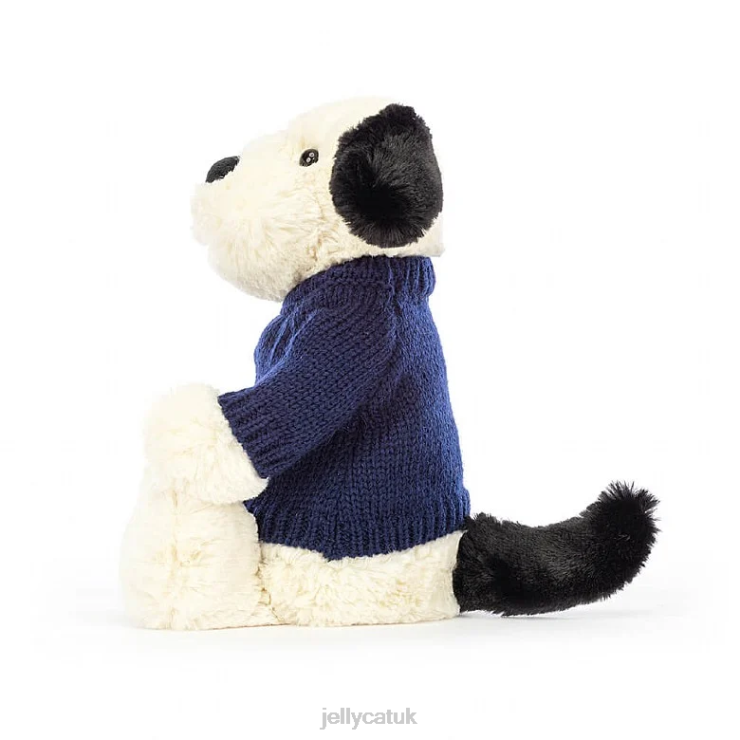 Jellycat Toy V248Z282 Bashful Black  Cream Puppy with Personalised Navy Jumper Black and White