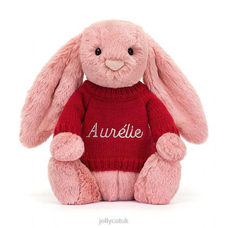 Jellycat Toy V248Z299 Bashful Petal Bunny with Personalised Red Jumper Sorbet Pink