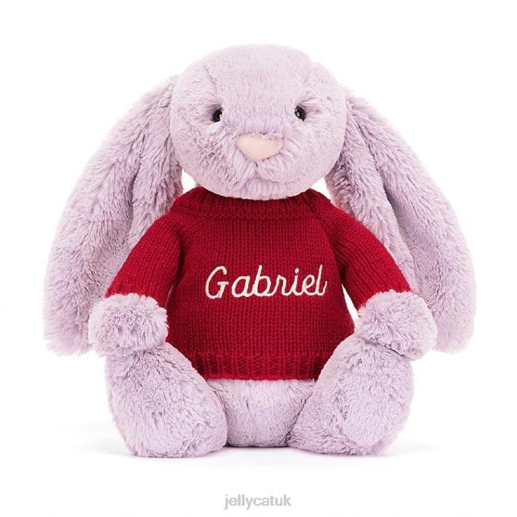 Jellycat Toy V248Z300 Bashful Bunny with Personalised Red Jumper Lilac