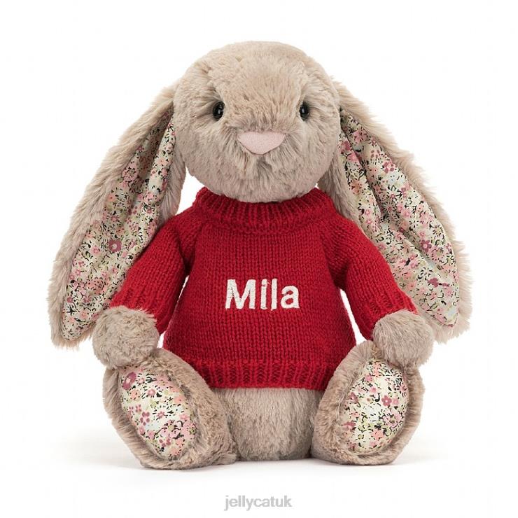 Jellycat Toy V248Z334 Blossom Bea Bunny with Personalised Red Jumper Beige