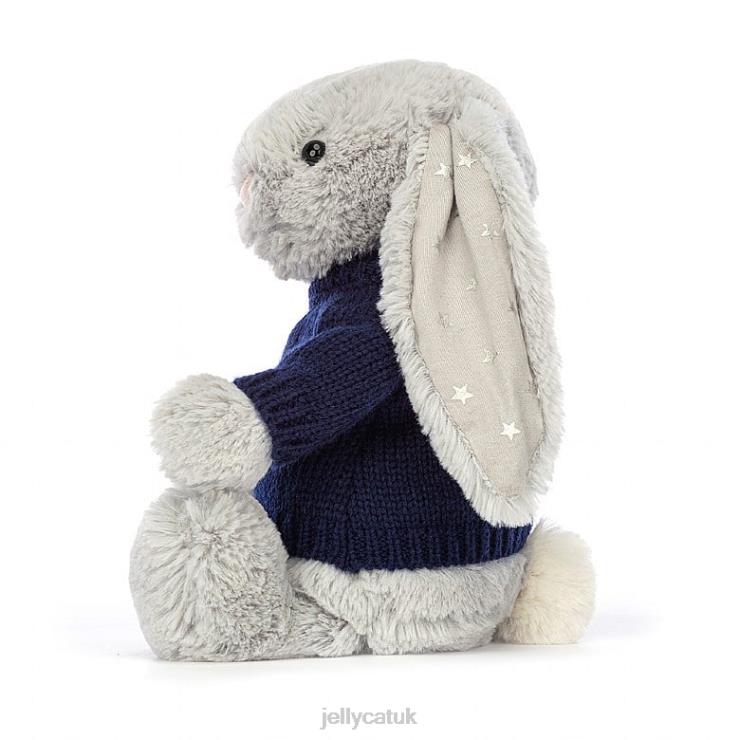 Jellycat Toy V248Z356 Bashful Shimmer Bunny with Personalised Navy Jumper Grey