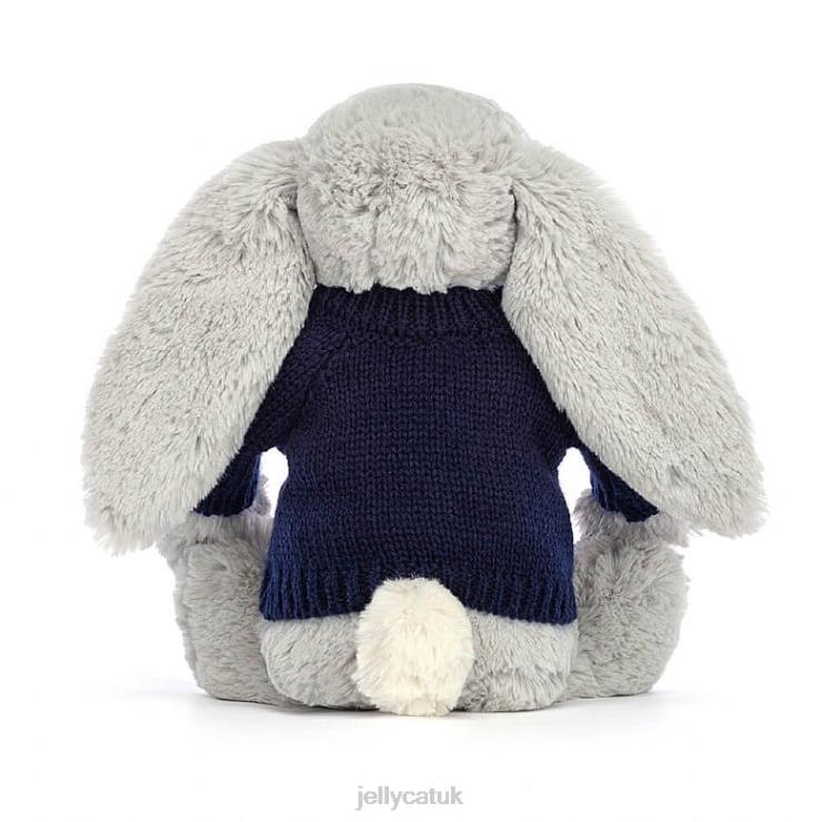 Jellycat Toy V248Z356 Bashful Shimmer Bunny with Personalised Navy Jumper Grey