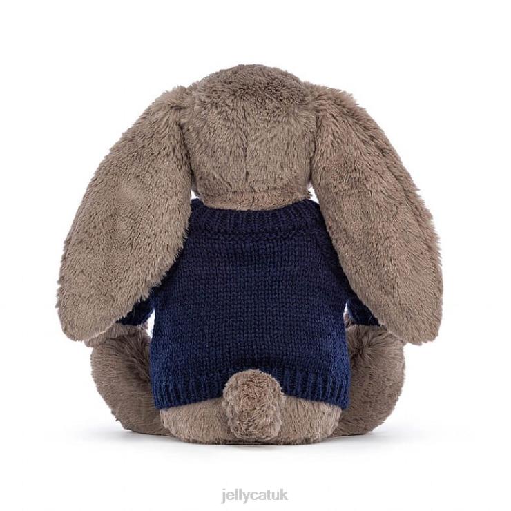 Jellycat Toy V248Z373 Bashful Truffle Bunny with Personalised Navy Jumper Brown