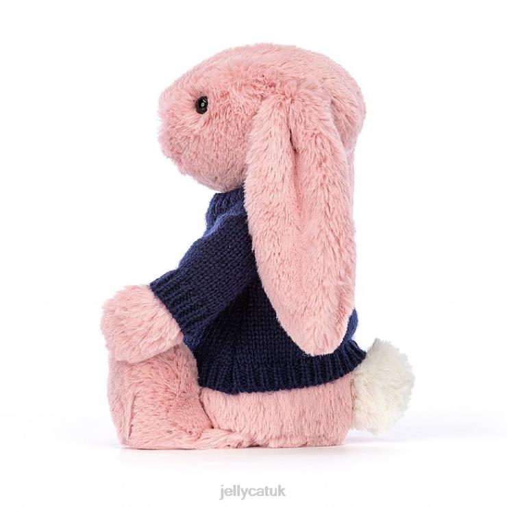 Jellycat Toy V248Z413 Bashful Petal Bunny with Personalised Navy Jumper Sorbet Pink