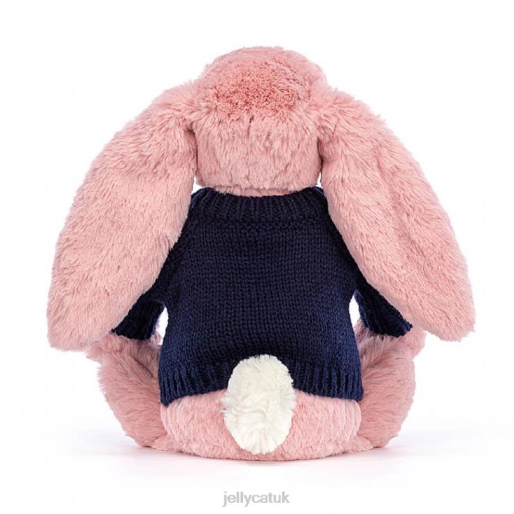 Jellycat Toy V248Z413 Bashful Petal Bunny with Personalised Navy Jumper Sorbet Pink