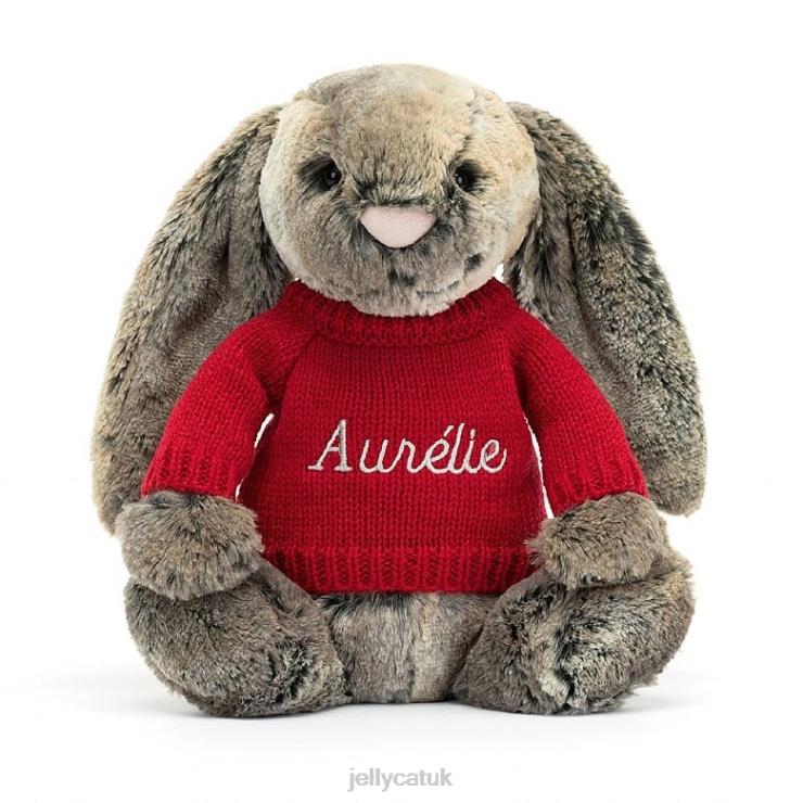 Jellycat Toy V248Z414 Bashful Cottontail Bunny with Personalised Red Jumper Grey