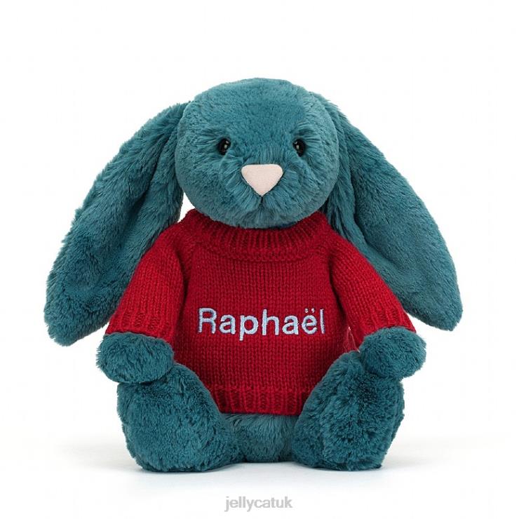 Jellycat Toy V248Z415 Bashful Mineral Blue Bunny with Personalised Red Jumper Colbalt Blue