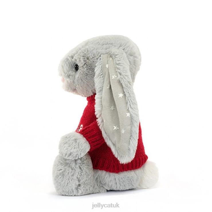 Jellycat Toy V248Z416 Bashful Shimmer Bunny with Personalised Red Jumper Grey