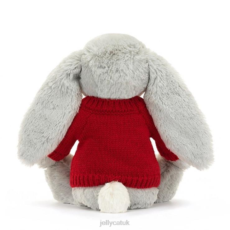 Jellycat Toy V248Z416 Bashful Shimmer Bunny with Personalised Red Jumper Grey