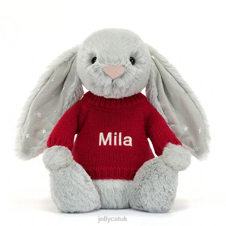 Jellycat Toy V248Z416 Bashful Shimmer Bunny with Personalised Red Jumper Grey