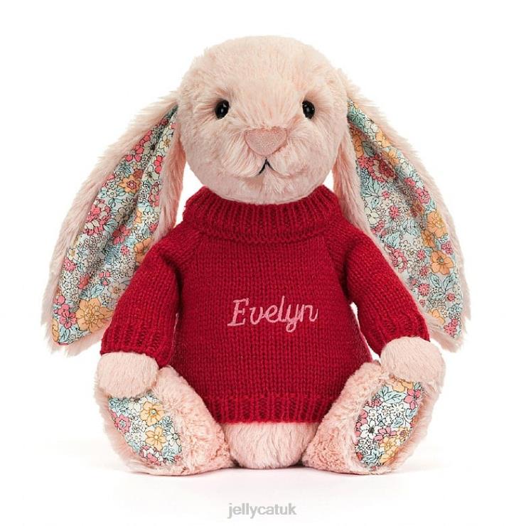 Jellycat Toy V248Z425 Blossom Blush Bunny with Personalised Red Jumper Peach