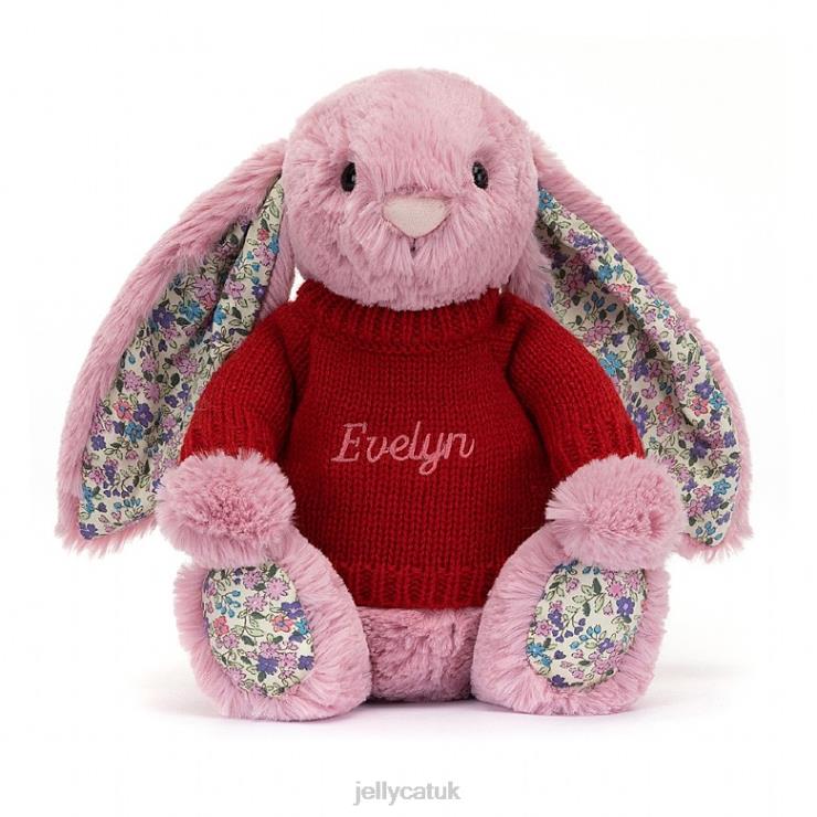 Jellycat Toy V248Z430 Blossom Tulip Bunny with Personalised Red Jumper Pink