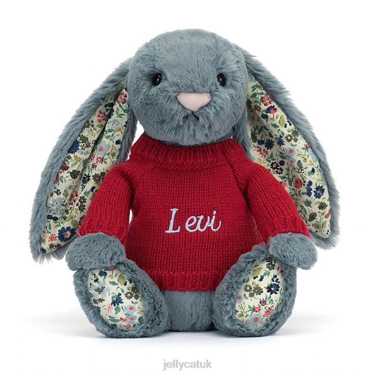 Jellycat Toy V248Z474 Blossom Dusky Bunny with Personalised Red Jumper Blue