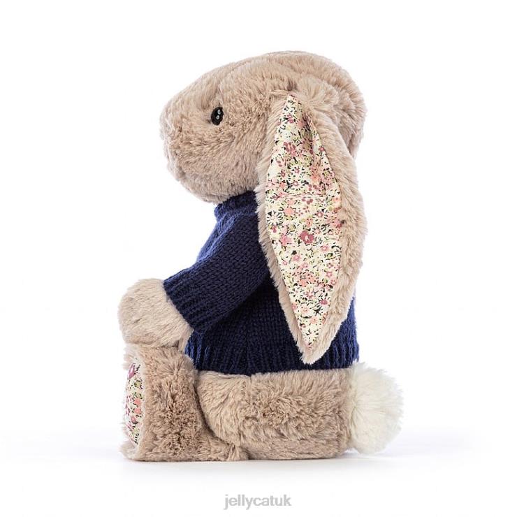 Jellycat Toy V248Z480 Blossom Bea Bunny with Personalised Navy Jumper Beige