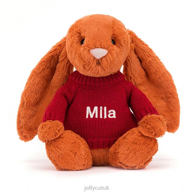 Jellycat Toy V248Z509 Bashful Tangerine Bunny with Personalised Red Jumper Orange