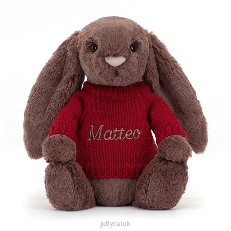 Jellycat Toy V248Z511 Bashful Fudge Bunny with Personalised Red Jumper Chocolate