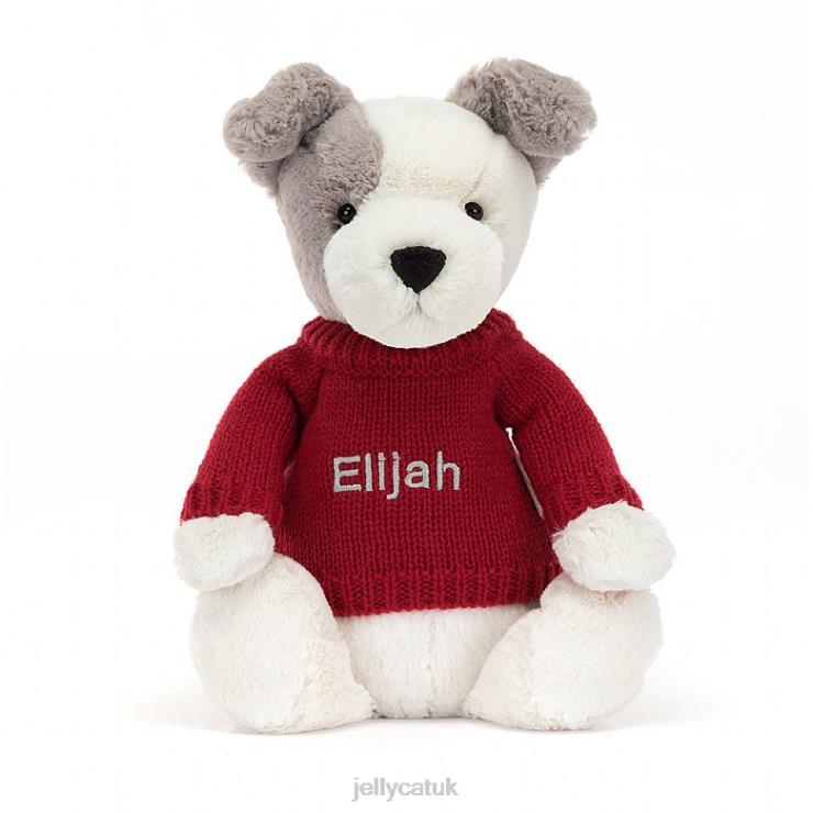 Jellycat Toy V248Z515 Bashful Terrier with Personalised Red Jumper Grey and White