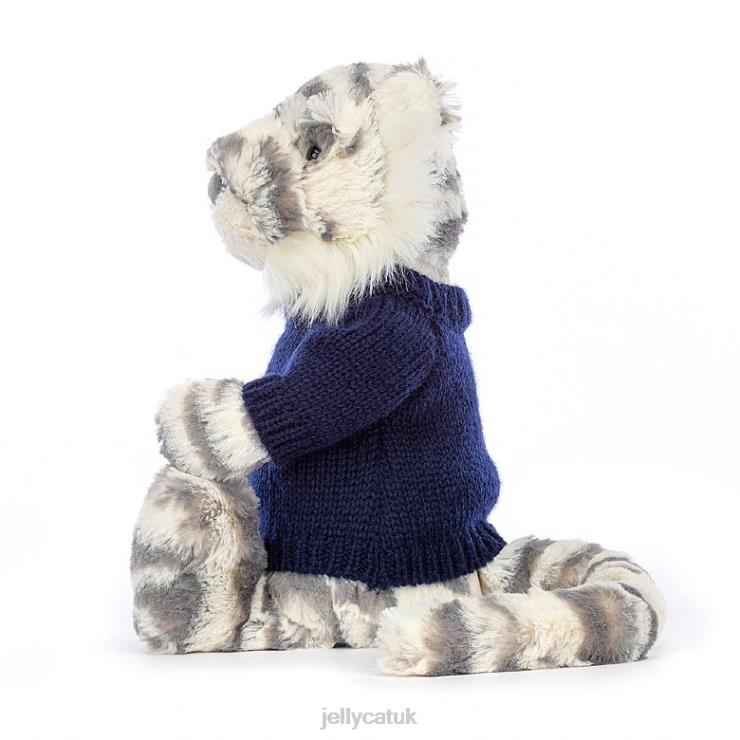 Jellycat Toy V248Z579 Bashful Snow Tiger with Personalised Navy Jumper Grey and White