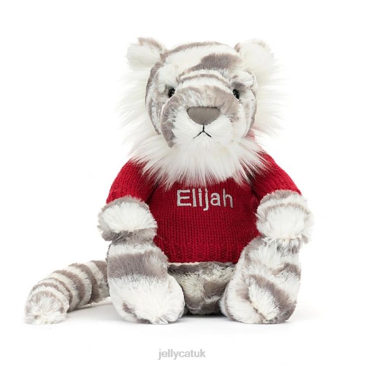 Jellycat Toy V248Z581 Bashful Snow Tiger with Personalised Red Jumper Grey and White