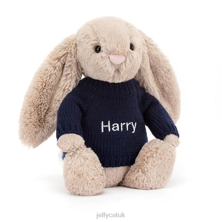 Jellycat Toy V248Z147 Bashful Bunny with Personalised Navy Jumper Beige