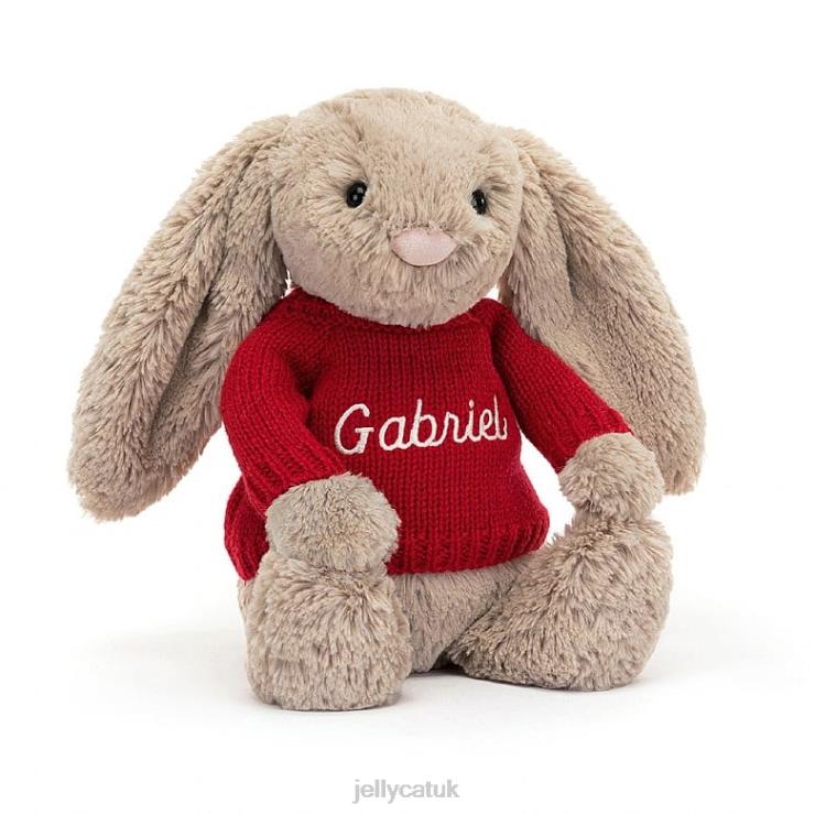 Jellycat Toy V248Z178 Bashful Bunny with Personalised Red Jumper Beige