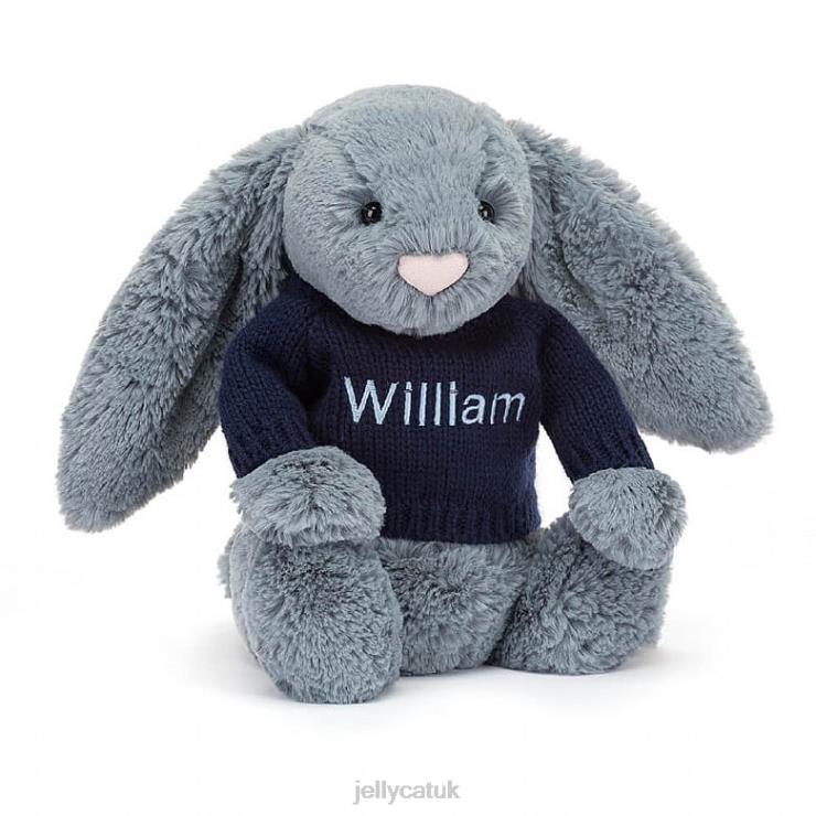 Jellycat Toy V248Z244 Bashful Dusky Bunny with Personalised Navy Jumper Blue