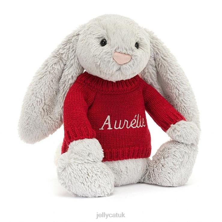 Jellycat Toy V248Z245 Bashful Bunny with Personalised Red Jumper Silver