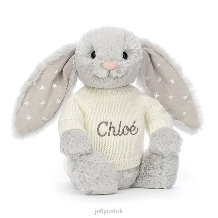 Jellycat Toy V248Z267 Bashful Shimmer Bunny with Personalised Cream Jumper Grey