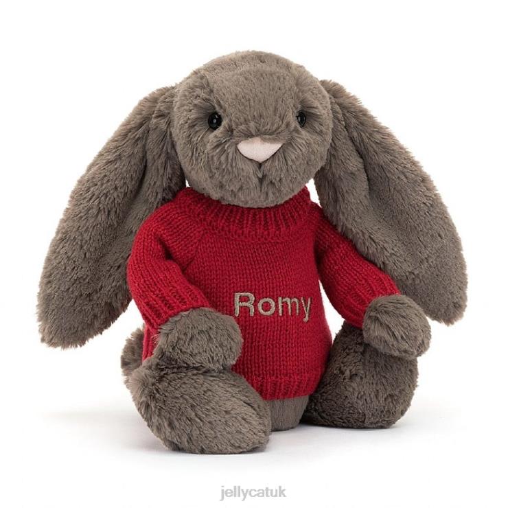 Jellycat Toy V248Z270 Bashful Truffle Bunny with Personalised Red Jumper Brown