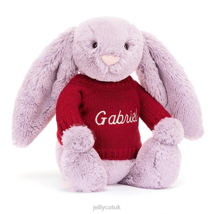 Jellycat Toy V248Z300 Bashful Bunny with Personalised Red Jumper Lilac