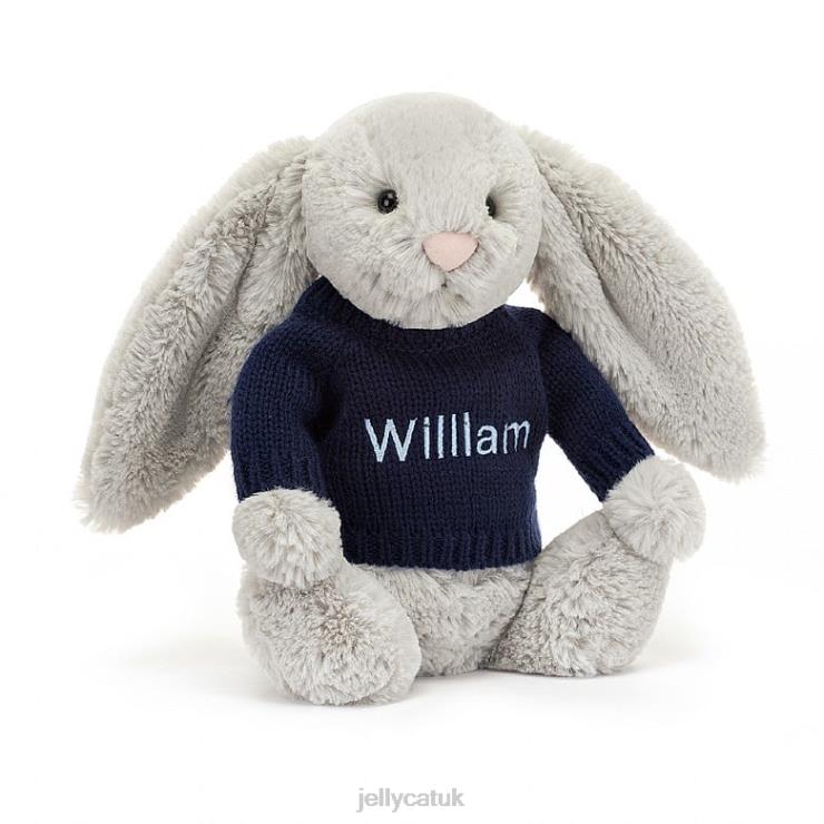 Jellycat Toy V248Z345 Bashful Bunny with Personalised Navy Jumper Silver