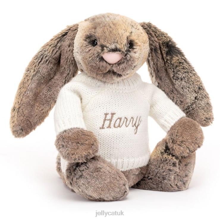 Jellycat Toy V248Z354 Bashful Cottontail Bunny with Personalised Cream Jumper Grey