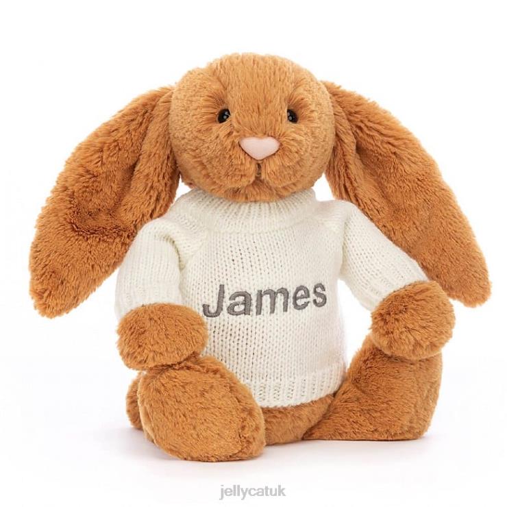 Jellycat Toy V248Z355 Bashful en Bunny with Personalised Cream Jumper Gold