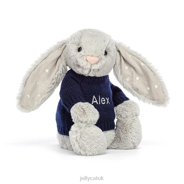 Jellycat Toy V248Z356 Bashful Shimmer Bunny with Personalised Navy Jumper Grey