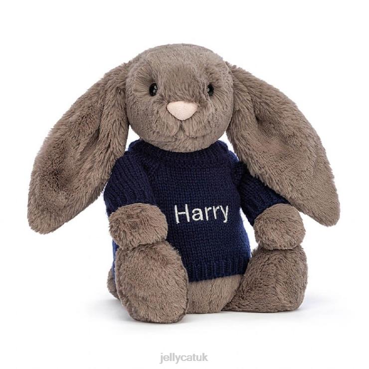 Jellycat Toy V248Z373 Bashful Truffle Bunny with Personalised Navy Jumper Brown