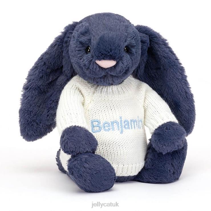 Jellycat Toy V248Z389 Bashful Bunny with Personalised Cream Jumper Navy